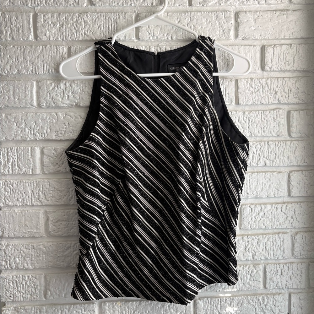 Carmen Marc Valvo Black and White Diagonal Striped Tank